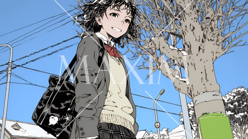 雪の日に通学する女子高生