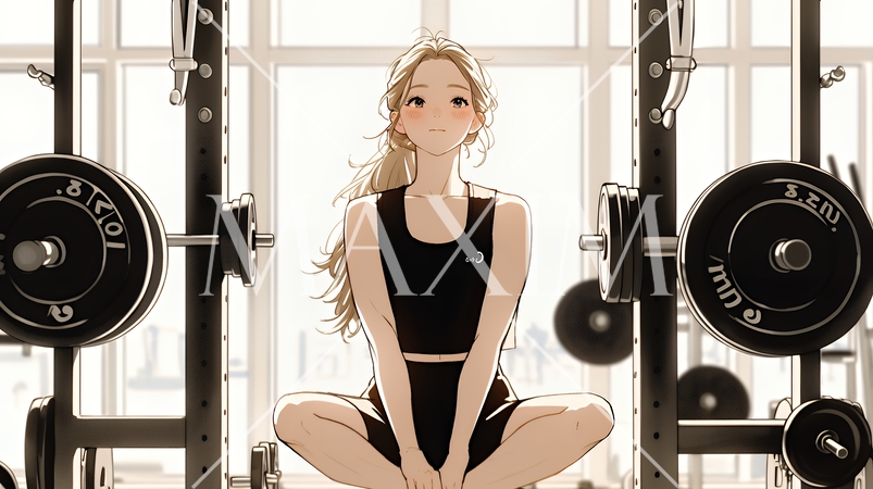 休日にジムで軽く運動する若い女性（シンプルな色使い）