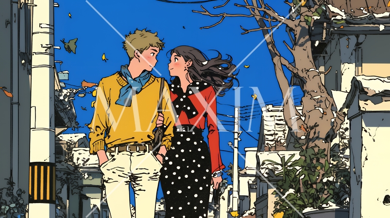 冬枯れ街をデートしている若い恋人たち