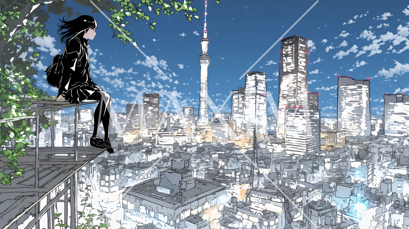 都市の夜景を眺めている女性