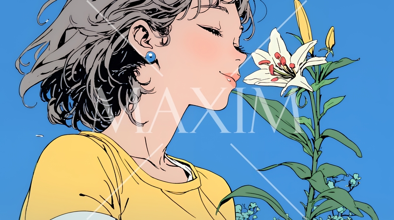 ユリの花と若い女性