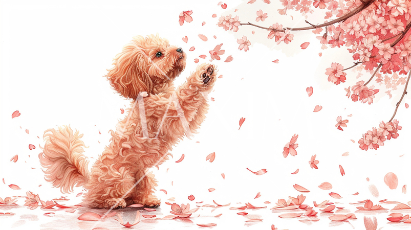 桜の花びらと戯れているトイプードル