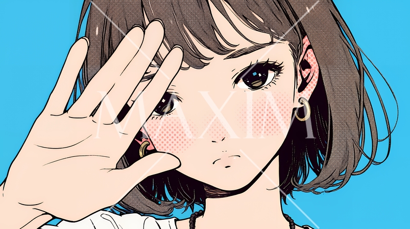 手のひらを相手に向けて見せるジェスチャーをして拒否の意思を表している若い女性