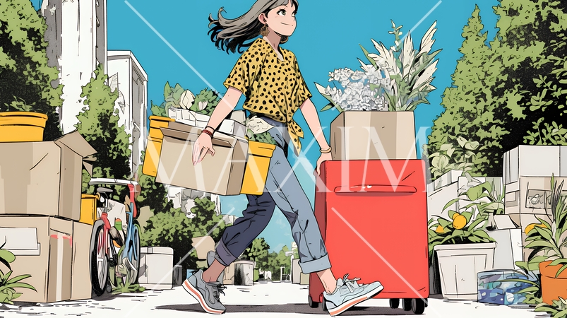 引っ越しの荷造り・荷解きをしている若い女性