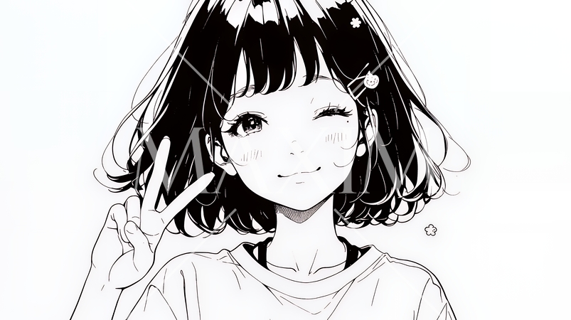 アイドルのように顔の横でピース＋ウィンクしている若い女性（シンプルな色使い）