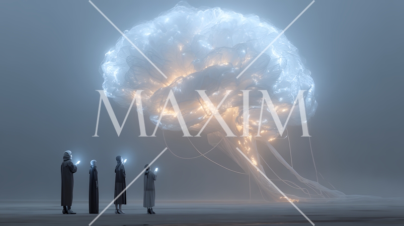 人々が抱く生成AIの抽象的なイメージ：人々が見上げる輝く脳がある