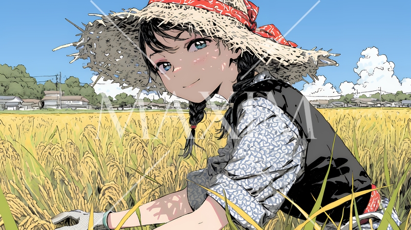 田んぼで農作業をしている女性