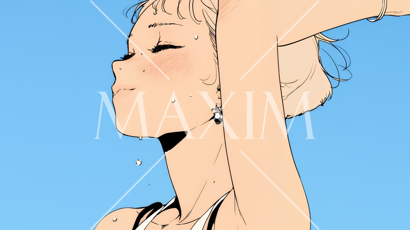 強烈な日差しでヘトヘト状態の女性（シンプルな色使い）