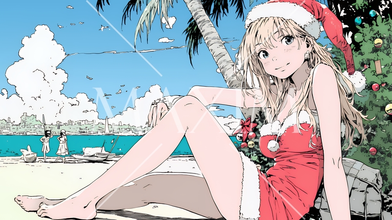 真夏（南半球）のビーチで活動中の女性のサンタクロース