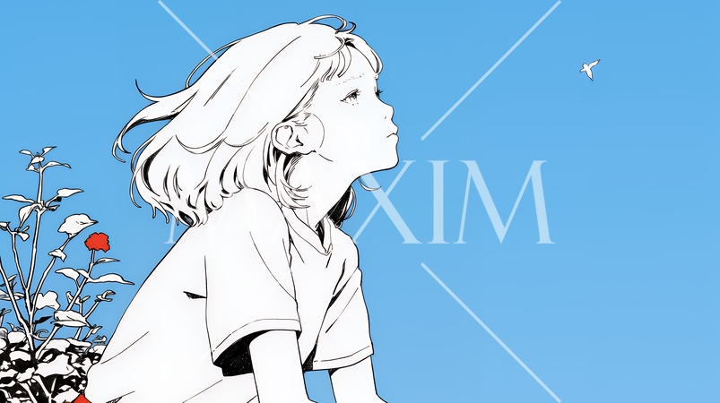 ぼんやり空を見上げている若い女性（シンプルな色使い）