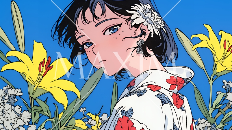 ユリの花と若い女性