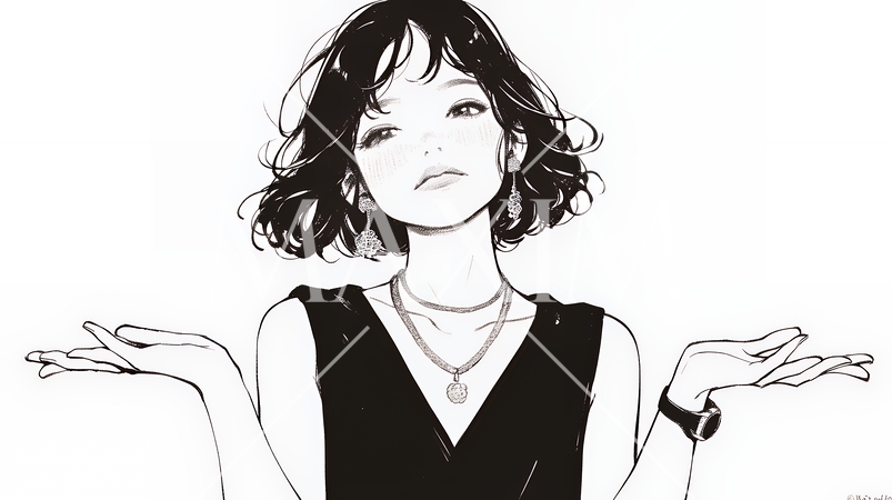 肩をすくめて困惑・諦めの仕草をしている若い女性（シンプルな色使い）