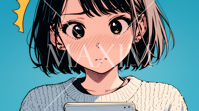 スマホでメールを読みながら唇を噛んでいる神経質な女性。表情には不安が漂っている。