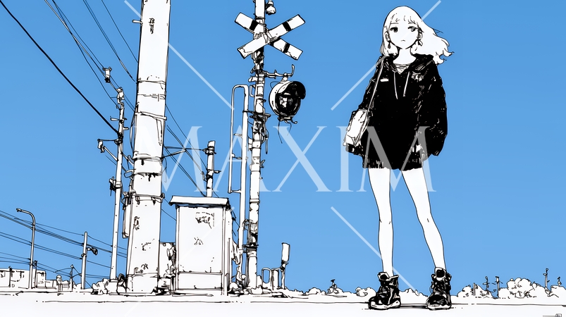 若い女性が佇む都市の街角（シンプルな色使い）