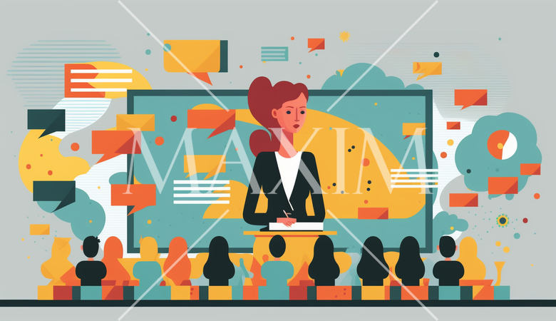 仕事の教育とトレーニングの女性インストラクター：ビジネススキルの向上、トレーニングセッション。