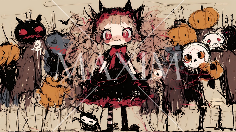 キモかわいいハロウィーンコスプレの女の子（クレヨンと水彩画風）