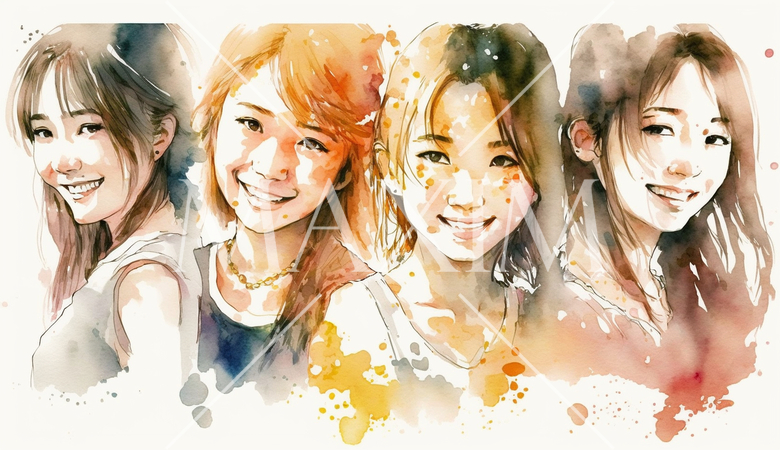 笑顔の若い女性たち：水彩画