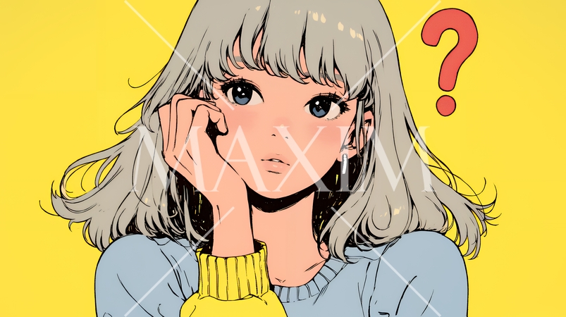 クエスチョンマークのある場面：疑問を感じて頭の中にクエスチョンマークが生まれている若い女性