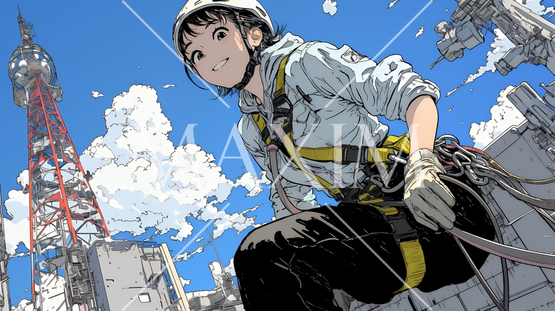 高所で作業をしている女性作業員