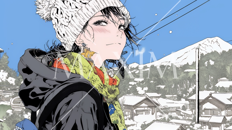 雪の積もる田舎道を歩いている若い女性