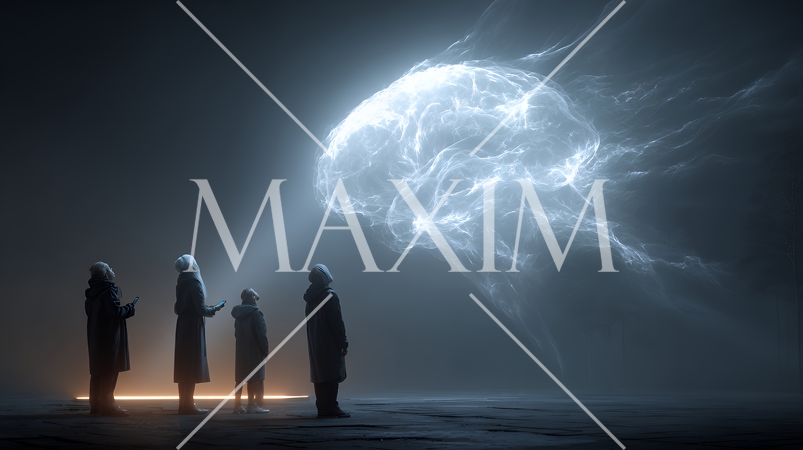 人々が抱く生成AIの抽象的なイメージ：人々が見上げる輝く脳がある