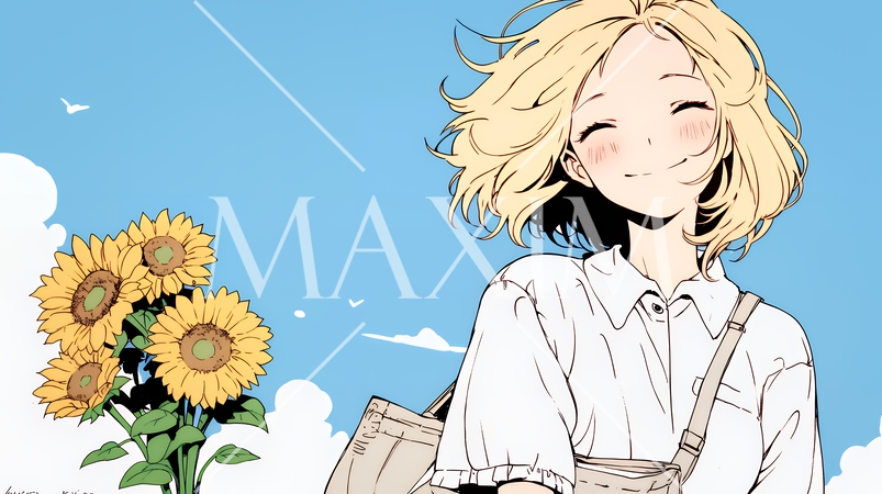 ひまわりと女性（シンプルな色使い）