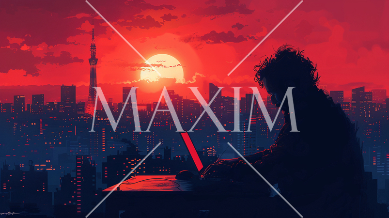 徹夜明けのビジネスマン：オフィスで徹夜をして朝日が上がろうとしている