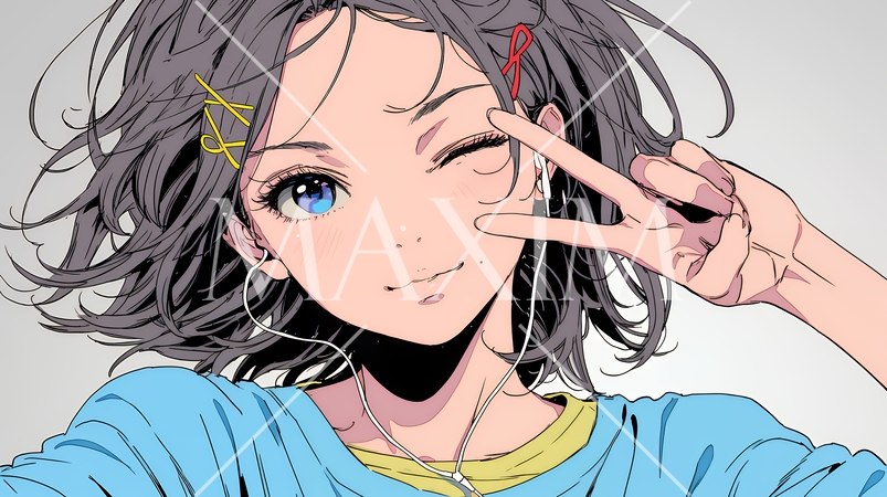 アイドルのように顔の横でピース＋ウィンクしている若い女性