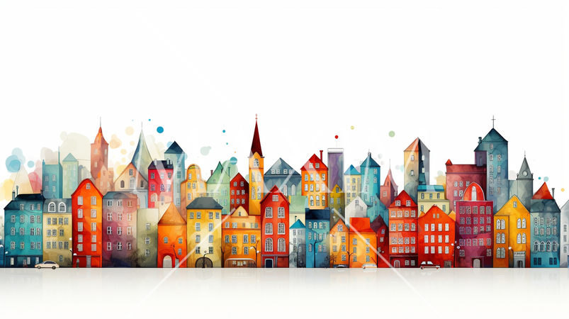 ビルが建ち並ぶ都市の外観イメージの水彩画