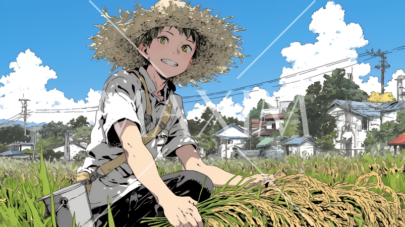 稲刈りをしている男性