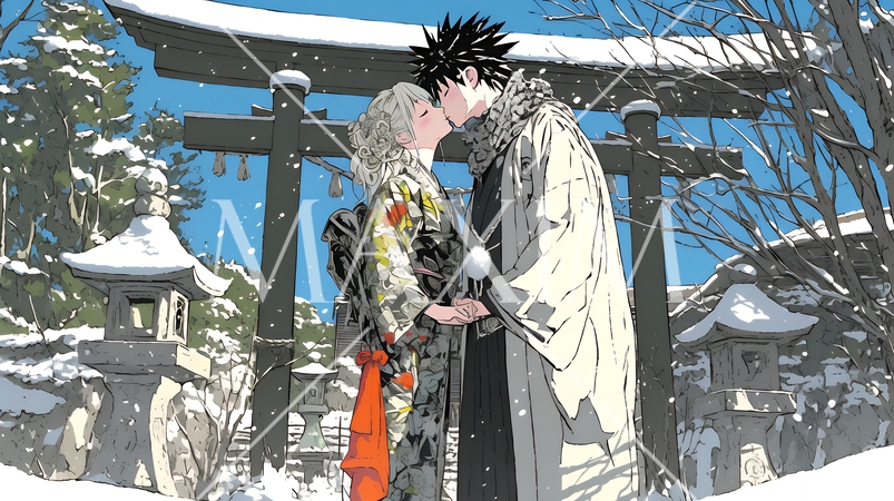 初詣をしている若い恋人カップル