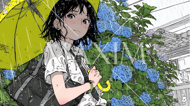 アジサイと梅雨の長雨と若い女性