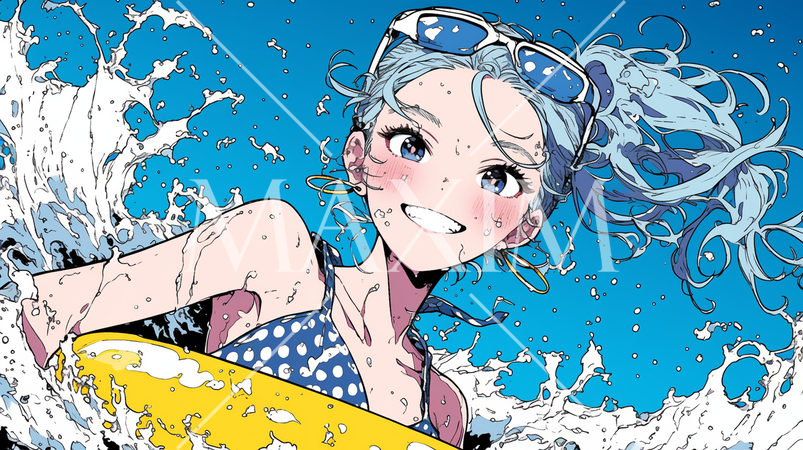 浮き輪につかまって沖縄の海で泳ぐ若い女の子