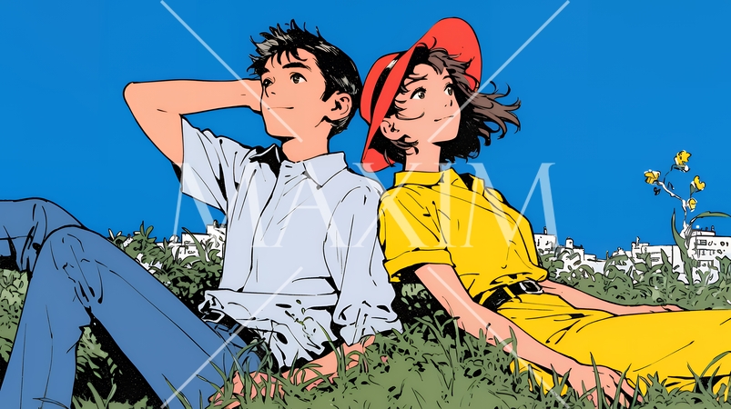 新緑の芝生が広がる都会の公園でくつろぐ若い男女