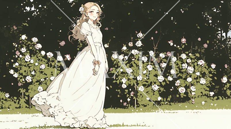 バラ園を散策している若い女性（シンプルな色使い）