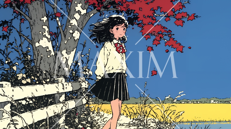 水辺の紅葉の小径を散策している若い女性