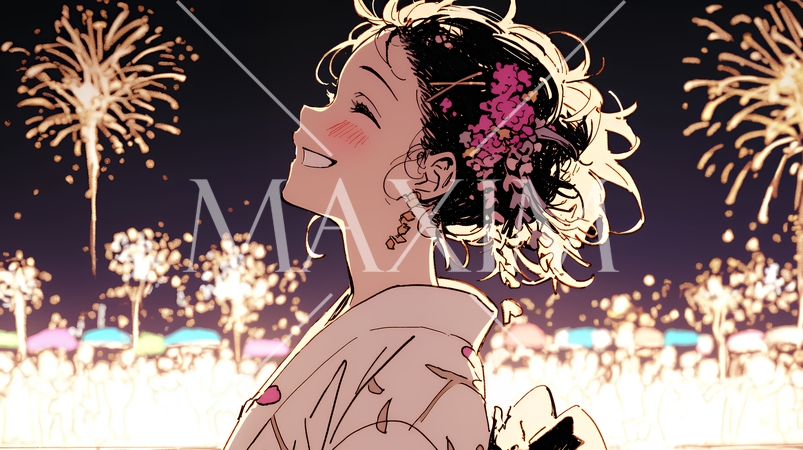 打ち上げ花火を見ている浴衣を着た若い女性（シンプルな色使い）