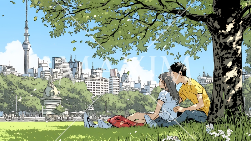 新緑の芝生が広がる都会の公園でくつろぐ若い男女