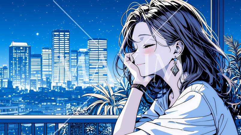 ベランダで夜風に当たりながら都会のランドスケープを眺め休む若い女性