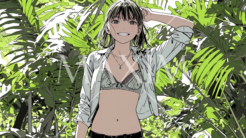 山原の森ではだをはだけている若い女性