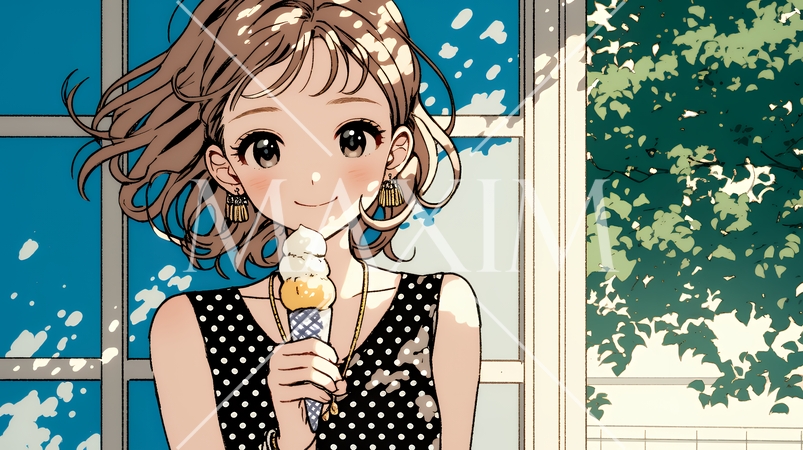 夏空の下でソフトクリーム（コーンに乗ったアイスクリーム）をたべる若い女性