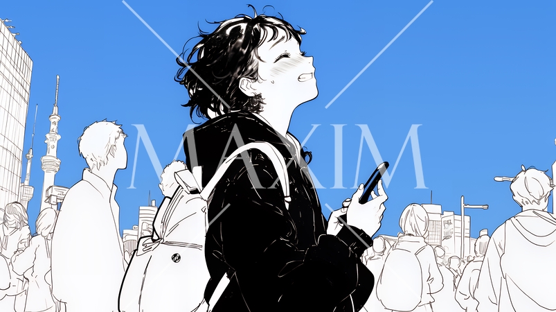 スマホの画面を見て驚いている若い女性（シンプルな色使い）