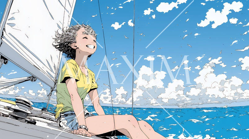 ヨットに乗っている若い女性