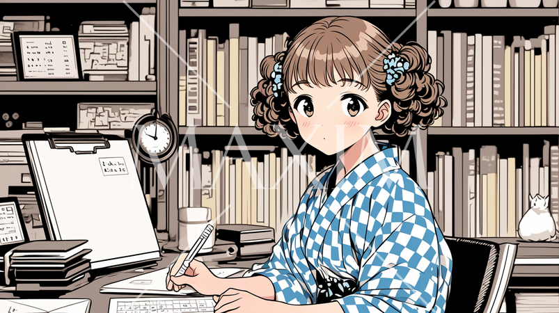 浴衣を着て自宅で執筆中の若い女性