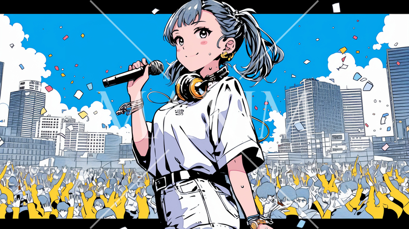 マイクを持ってステージに立ち、観客から声援を受けている若い女性