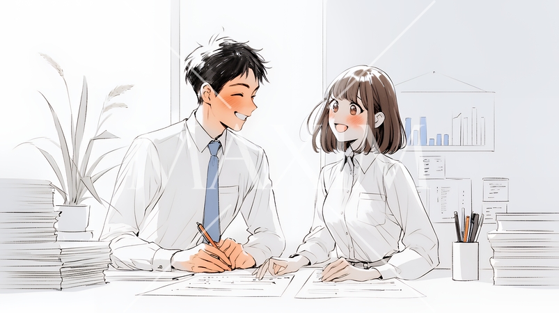 OJT：　上司から仕事の手順の説明を受けている女性社員（シンプルな色使い）