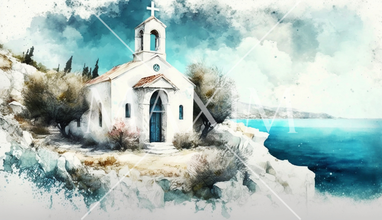 海辺に建つ教会（チャペル）の水彩画