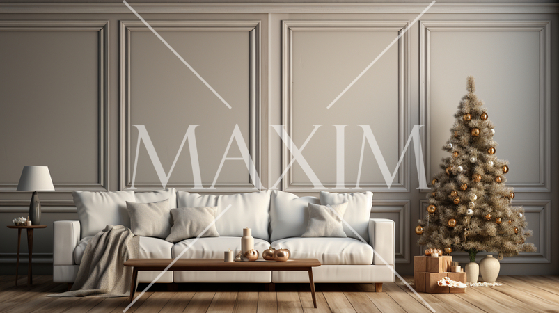 クリスマスツリー飾りのある白基調の居間