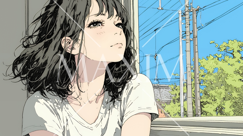 じっと遠くを見つめている若い女性