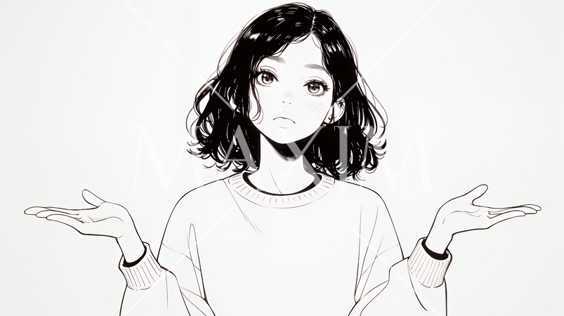 肩をすくめて困惑・諦めの仕草をしている若い女性（シンプルな色使い）